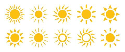 Sun icons. Sun icon set in yellow color isolated. Sun icon collection in yellow color. Solar summer icon isolated on white background. Flat design. illustration. vector