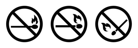 No open fire sign set isolated. Set of no fire sign symbol black color. No open fire burning symbol. Ban matchstick symbol. No open flame. Prohibited signs symbol. Ban sign icon. illustration. vector