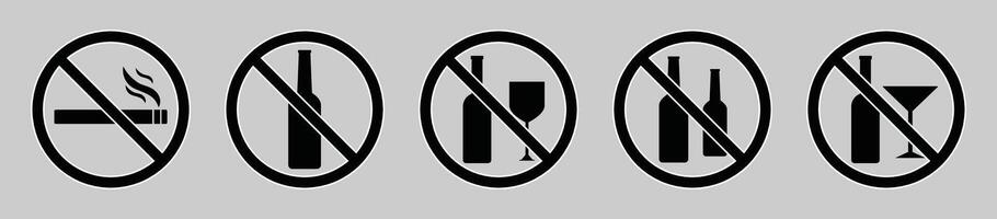 Set of silhouettes no alcohol or no smoking signs icon isolated set. Do not drink alcohol in this area. Prohibited icons of drink alcohol or no smoking sing symbol black color. icons. vector