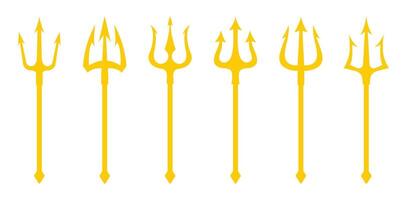 Trident icon set in yellow color. Set of yellow silhouettes of trident on a white background. Neptune trident. Design element for logo, label, sign, poster. illustration. vector