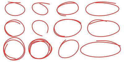 Set of hand drawn red circle highlighter, design element, grunge round shape vector