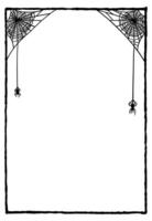 Frame with dense spider webs and spiders hanging down. Halloween poster with scary and spooky design. vector