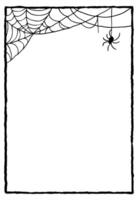 Frame with a spider web on top and a spider hanging down. Halloween poster with scary and horror design. vector