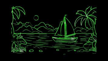 Neon frame effect, Sailboat on black background video
