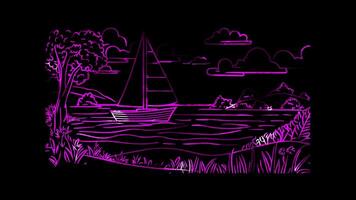 Neon frame effect, Sailboat on black background video