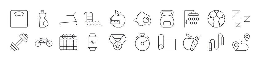 Collection of Outline Signs of Healthy Lifestyle, Fitness, Wellness Drawn with Thin Line for apps, web sites, banners, infographics and other types of design vector