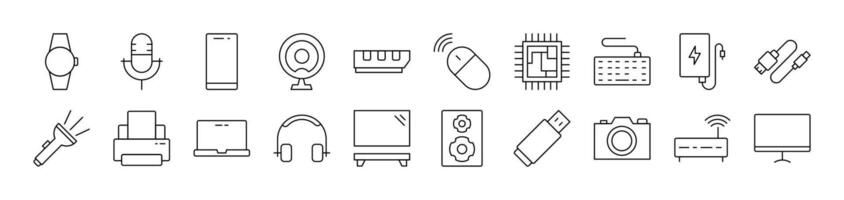 Microphone, USB Cable, Camera, Chip etc Outline Icon Collection. Editable Stroke. Perfect for Infographics, Articles, Books, Flyers, Banners vector