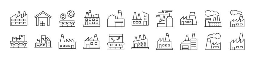 Collection of Outline Symbols of Factory, Manufacture Drawn with Thin Line for apps, web sites, banners, infographics and other types of design vector
