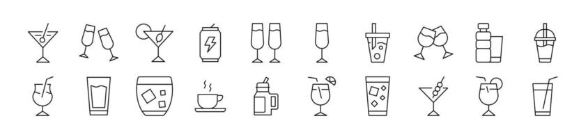 Collection of Outline Symbols of Alcoholic Drink, Energy Drink, Soft Drinks Drawn with Thin Line for apps, web sites, banners, infographics and other types of design vector