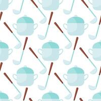 Illustration pattern with kitchen utensils on it saucepans and ladles on background. vector