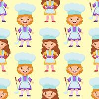 Seamless pattern girl Chef with Ladle, saucepan and cute little girl chef holds a cupcakes on the tray. vector