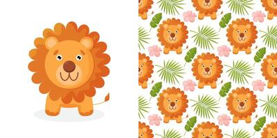 Cute a lion cartoon isolated on white background.Cute jungle baby endless background. seamless pattern with lions and tropical plants in bright colors. vector
