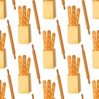 Bread in packages of craft paper, rolling pin. Pastries, local bakery. Hand drawn cozy background, seamless pattern. vector