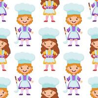 Seamless pattern girl Chef with Ladle, saucepan and cute little girl chef holds a cupcakes on the tray. vector