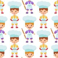 Boys bakers are holding a rolling pin and a tray with a dish. Baguette paper bag. Seamless pattern with children chefs. vector