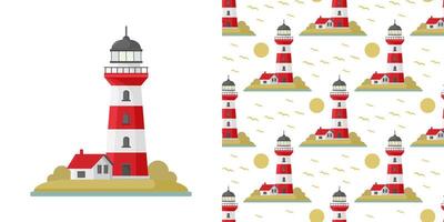 cartoon flat lighthouse. Searchlight tower for maritime navigational guidance. sea seamless pattern with lighthouse. Blue and white seamless set. vector