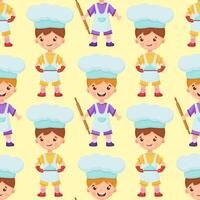 Boys bakers are holding a rolling pin and a tray with a dish. Baguette paper bag. Seamless pattern with children chefs. vector