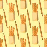 Bread in packages of craft paper, rolling pin. Pastries, local bakery. Hand drawn cozy background, seamless pattern. vector