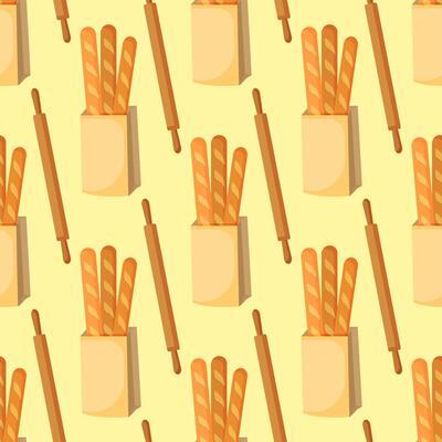 Bread in packages of craft paper, rolling pin. Pastries, local bakery. Hand drawn cozy background, seamless pattern.