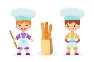 Boys bakers are holding a rolling pin and a tray with a dish. Baguette paper bag. vector