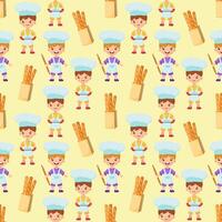 Boys bakers are holding a rolling pin and a tray with a dish. Baguette paper bag. Seamless pattern with children chefs. vector
