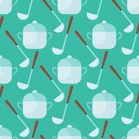 Illustration pattern with kitchen utensils on it saucepans and ladles on background. vector