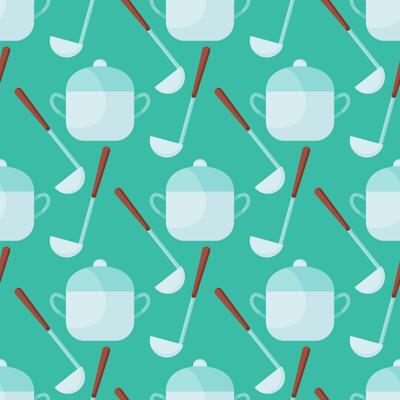 Illustration pattern with kitchen utensils on it saucepans and ladles on background.