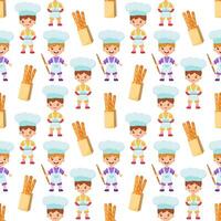 Boys bakers are holding a rolling pin and a tray with a dish. Baguette paper bag. Seamless pattern with children chefs. vector