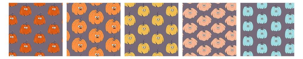 Seamless pattern collection on Happy Halloween theme. Retro groovy character pumpkin with creepy and skary face. Contemporary illustration on gray background. vector