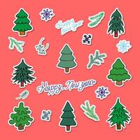 A large colorful set of Christmas stickers with fir trees and snowflakes, hand-drawn in a cartoon style. vector