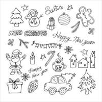 a set of New Year pictures in cartoon style, hand-drawn on a white background. vector