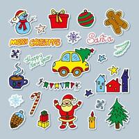a set of colored New Year stickers on a blue background, drawn in a cartoon style. vector