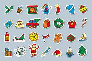 A large colorful set of New Year stickers, hand-drawn in a cartoon style. vector
