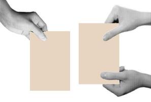 Halftone image of hands holding paper. Pop art retro style illustration vector
