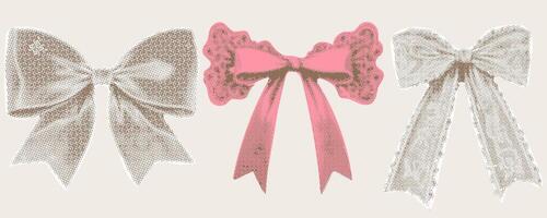 A set of three stylized, dotted bow illustrations in beige and pink, perfect for vintage or retro design elements. vector