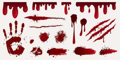 Cuts and wounds of various shapes, palm print. Tissue tears, realistic scars, splashes and blood stains, realistic claw marks. Torn claw marks, stitches. vector