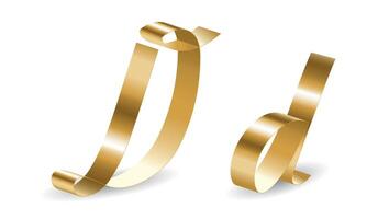 Metallic Gold Ribbon D Letters with Shadows. Alphabet Signs Isolated on White Background vector