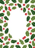 Holiday Card and Invitation Template with Holly Leaves and Berries. Oval Frame Background vector