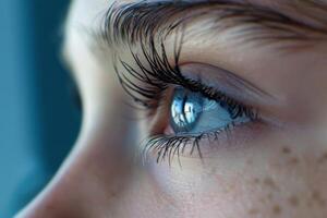 A close-up view of a person's eye reflecting a serene landscape under soft natural light photo
