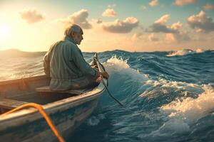 A lone fisherman skillfully navigates the waves at sunset in a tranquil coastal setting photo