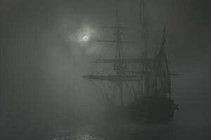 A ghostly ship sails through fog under a mysterious moonlit sky at night photo