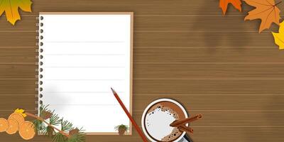 Autumn background with open book,pencil,hot chocolate and maple leaves on brown wood table top.Backdrop with copy space for product present or text for fall season,Autumnal Banner for Thanksgiving vector
