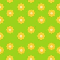Seamless pattern of simple yellow flowers with a light middle on a bright green background, spring blooming for design vector