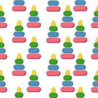 Children's toy pyramid seamless pattern, a bright game from multi-colored parts on a white background vector