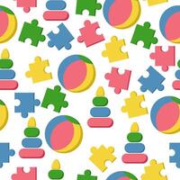 Seamless pattern on a children's theme, bright ball pyramid and puzzle pieces on a white background vector