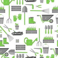 Gardening tools seamless pattern, gray-green objects in flat style on white background vector