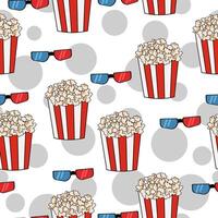 Popcorn, glasses seamless pattern of symbolic elements on a white background, going to the cinema symbols vector
