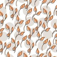 Seamless pattern of delicate doodle leaves of orange color and gray circles on a white background vector