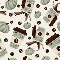 seamless pattern with coffee cups with a design of round green pumpkins, coffee splashes and round green pumpkins arranged randomly vector