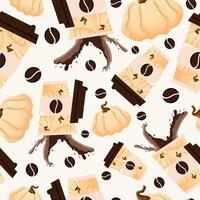 seamless pattern with coffee cups with a design of white round pumpkins, coffee splashes and round white pumpkins arranged randomly vector